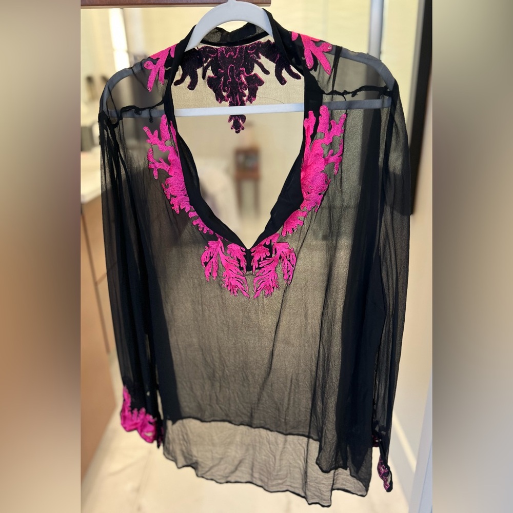 Sheer silk black tunic with hot pink embroidery tunic. Large